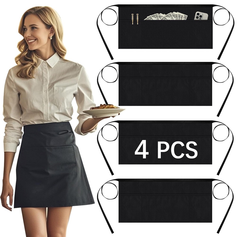 Server Apron 3 Pockets Reinforced Edge Black | 4 Pack Restaurant Workwear