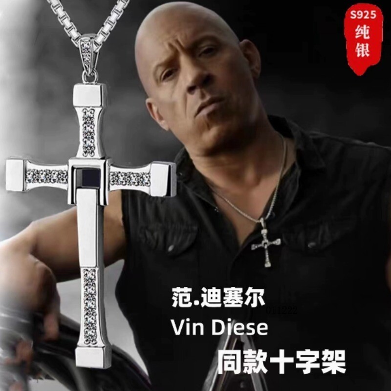 Men's Pure Silver Necklace Vin Diesel Cross Hip-hop Men's Pendant Necklace Gift