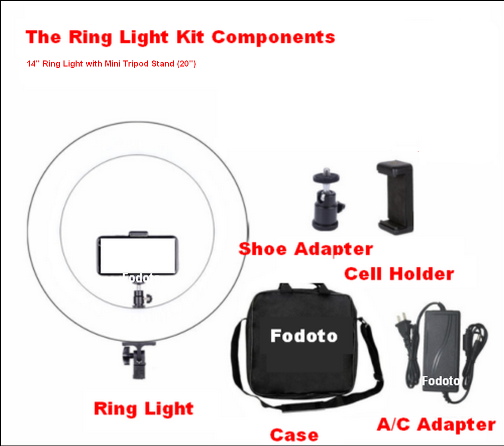 Fodoto 14" LED bicolor dimmable LED ring light with MINI tripod stand