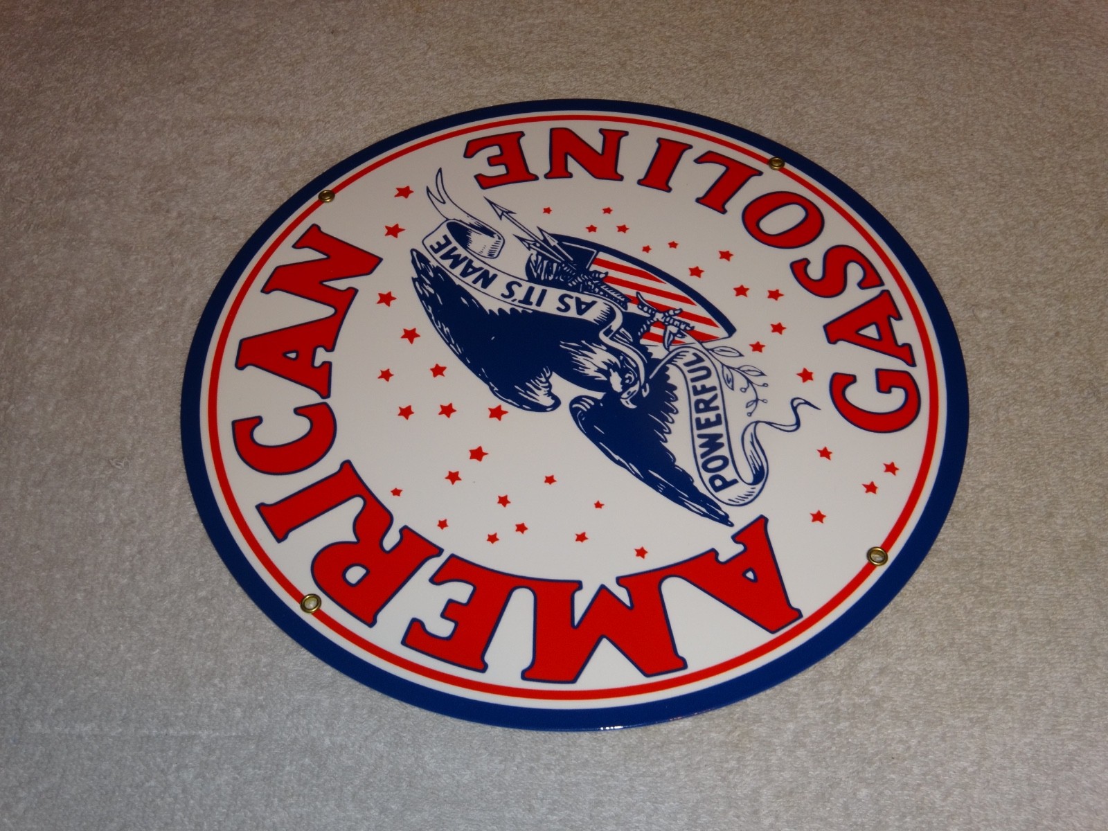 VINTAGE AMERICAN GASOLINE POWERFUL EAGLE 11 3/4" PORCELAIN METAL GAS & OIL SIGN