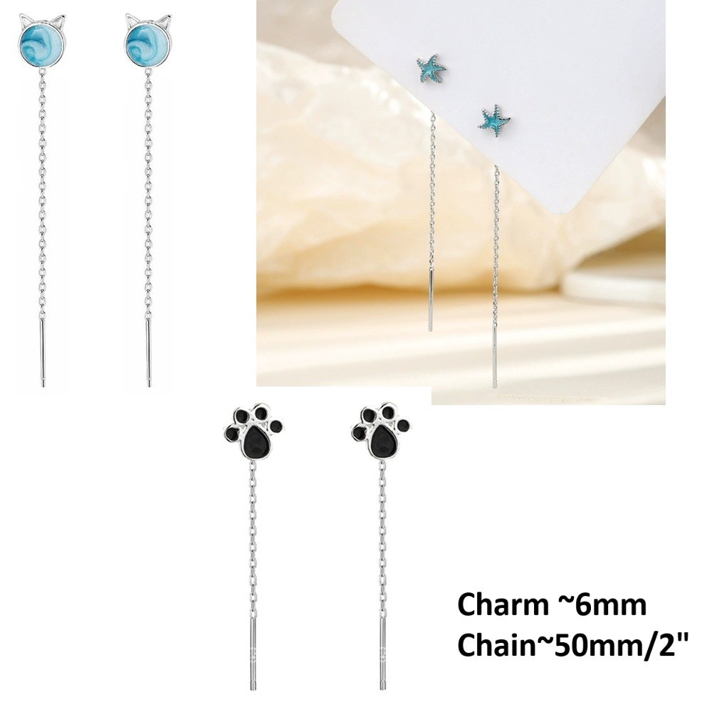 Sterling Silver Plated Enamel Paw Starfish Cat Pull Through Stud Earrings 2" S3