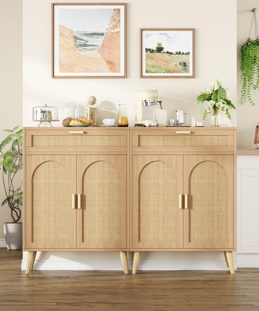 Rattan Buffet Cabinet with Storage, Sideboard with Drawer & Adjustable Shelf,...