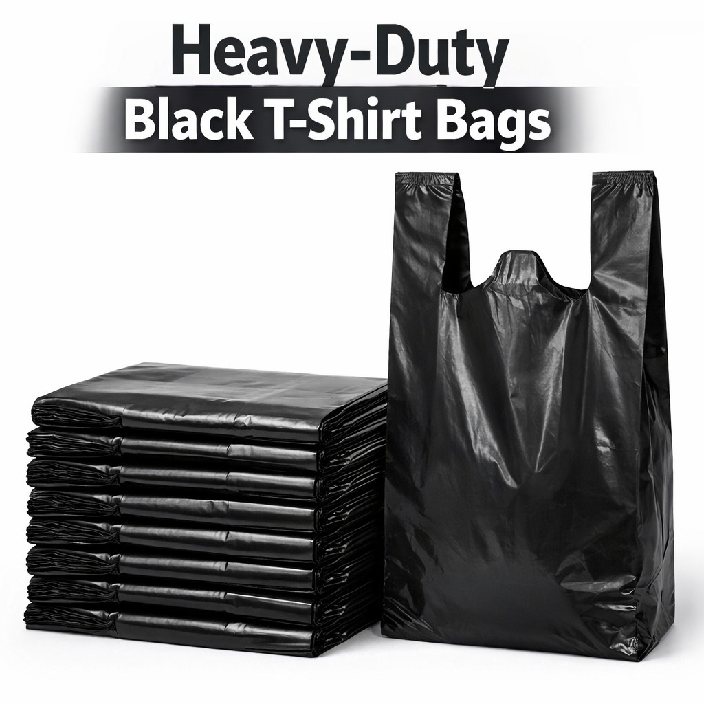 Black Jumbo T-Shirt Bags 17x8x29 0.71 Mil Heavy Duty Grocery Carryout Bags Bulk