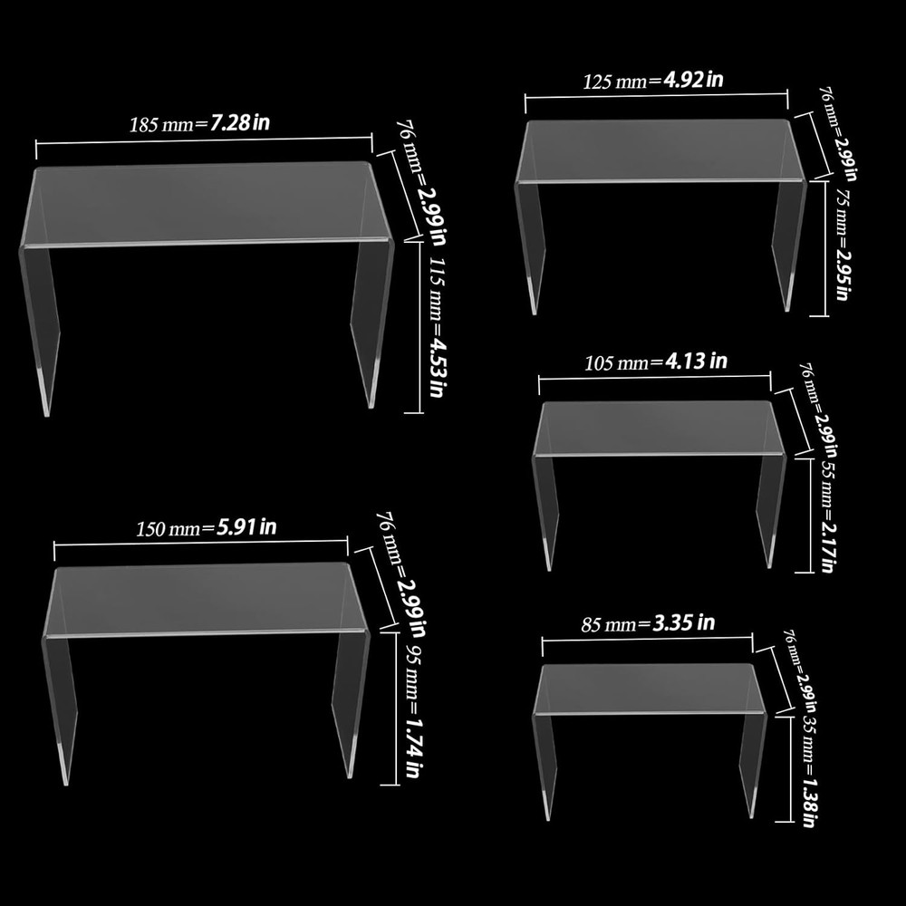 10 Pcs Clear Acrylic Display Risers, 3"" 4"" 5"" 6"" 7"" Rectangular Showcase Co