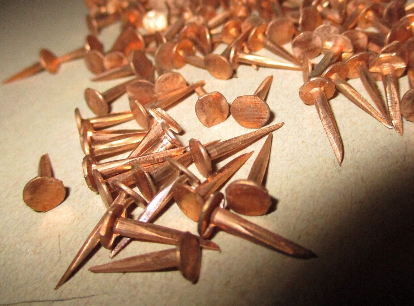 50-VINTAGE 1/2” LONG SOLID COPPER TACKS sharp point's 7/32” WIDE flat head, NOS