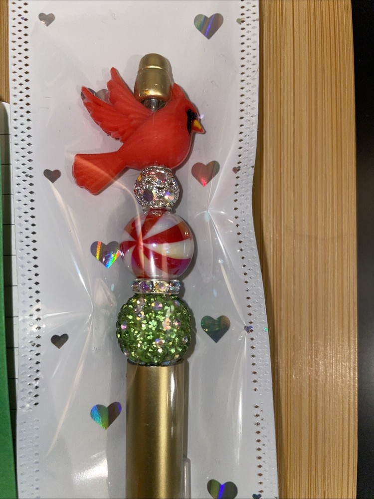 HANDCRAFTED RED BIRD BEADED PEN & NOTE PAD SET