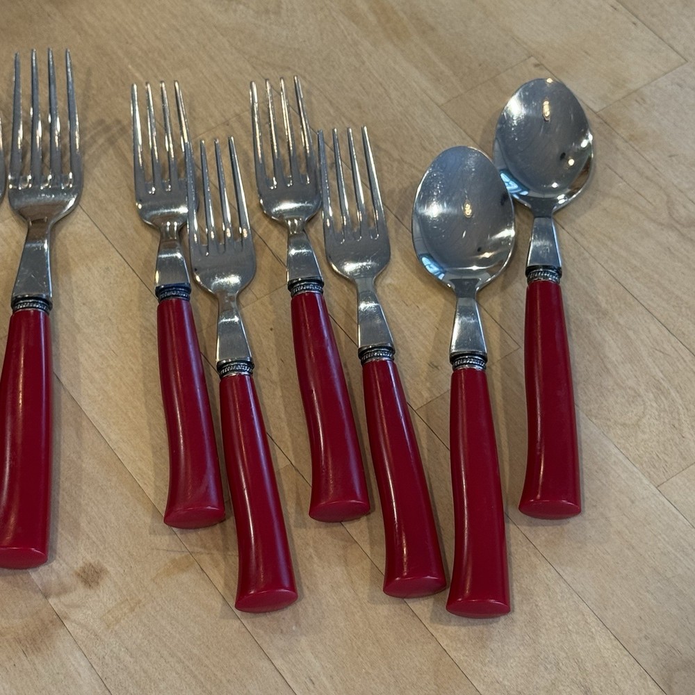 Vintage Red Bakelite Stainless Tableware By Oneida Ltd