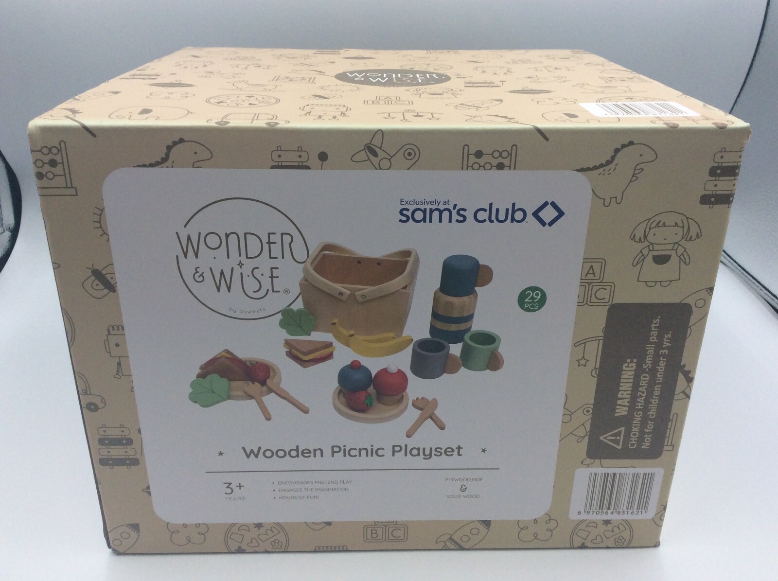 Wonder Wise 29 Pc Wooden Picnic Playset Water Bottle Fruit/Vegetable Set, BNIB