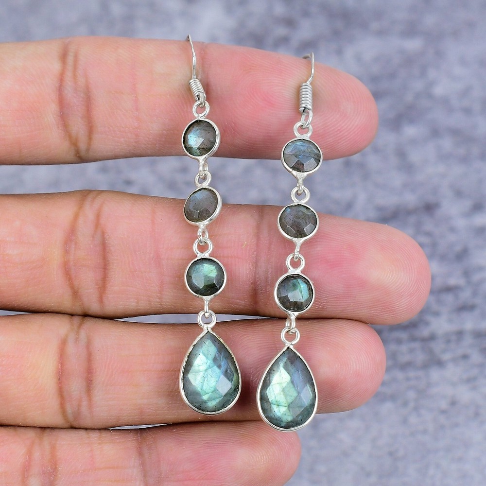 Labradorite Gemstone Jewelry 925 Sterling Silver Drops Dangle Earring For Her