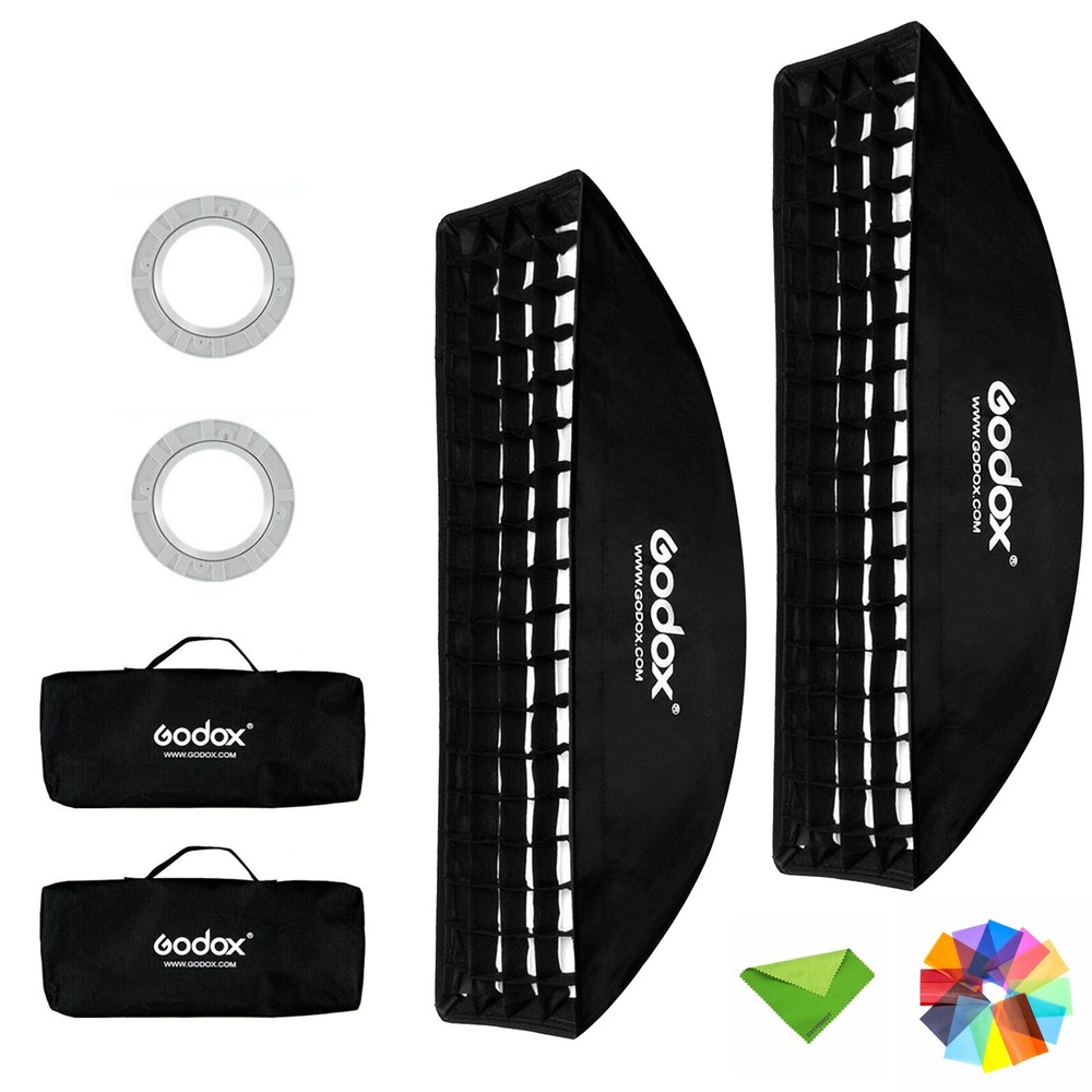 2X Godox SB-FW 22x90cm Strip Softbox Bowens Mount + Grid for Studio Flash Strobe