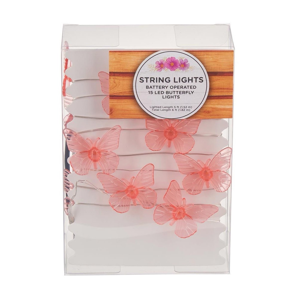 Battery Operated LED Butterfly String Lights, 15 ct, Pink