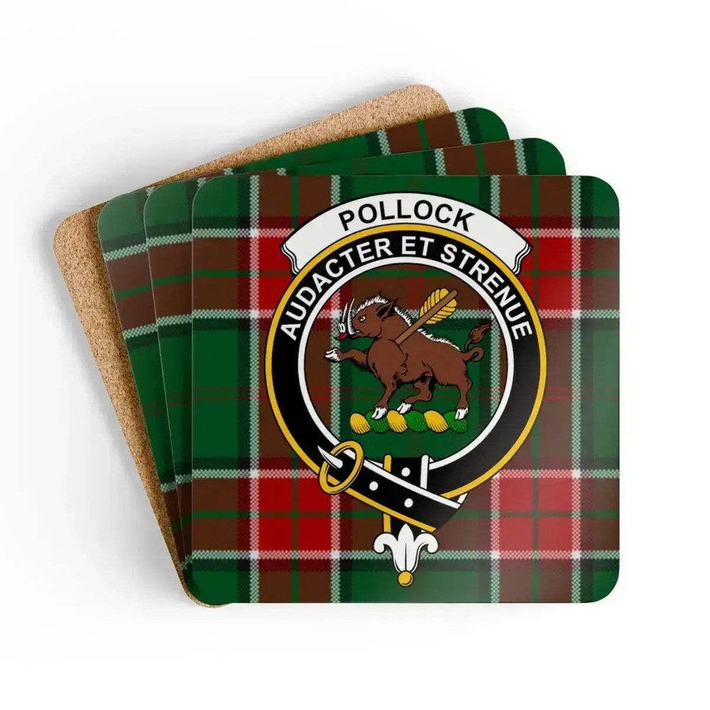 Pollock Clan Crest Scottish Tartan Coaster Set