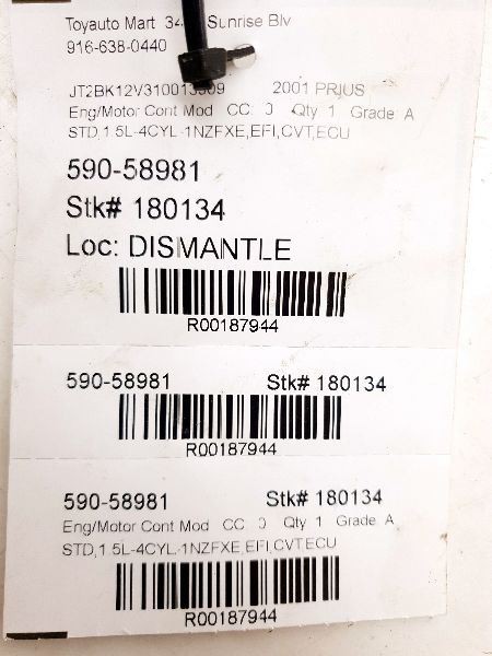 01-03 TOYOTA PRIUS ENGINE ELECTRONIC CONTROL MODULE ECM ASSEMBLY