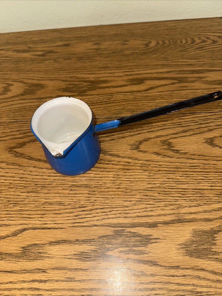 BLUE ENAMEL LONG HANDLE POUR SPOUT CUP ~ POLAND