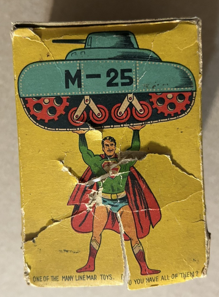 1950's Mechanical SUPERMAN TURNOVER TANK Linemar Tin Wind-Up w ORIGINAL BOX RARE