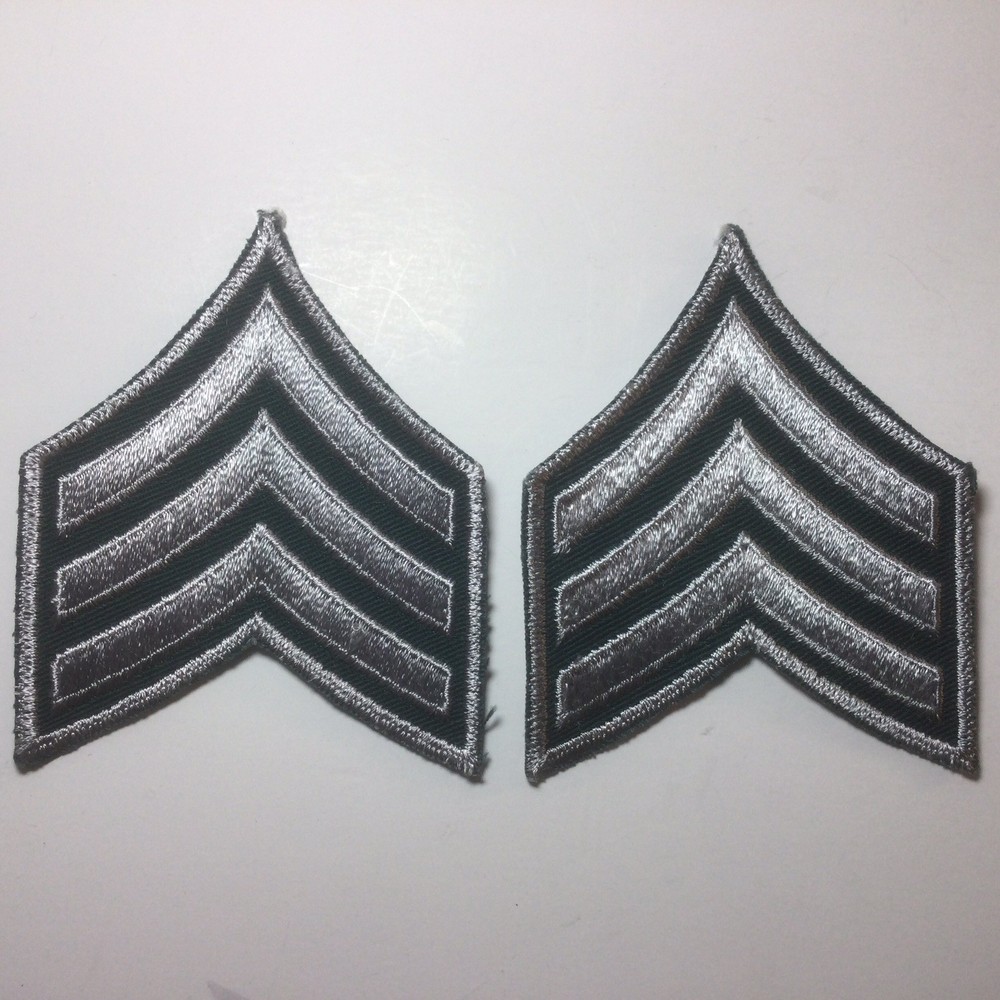 (2) Sergeant Chevron - 3 Silver Stripes on Dark Forest Green Patch - Schiffli