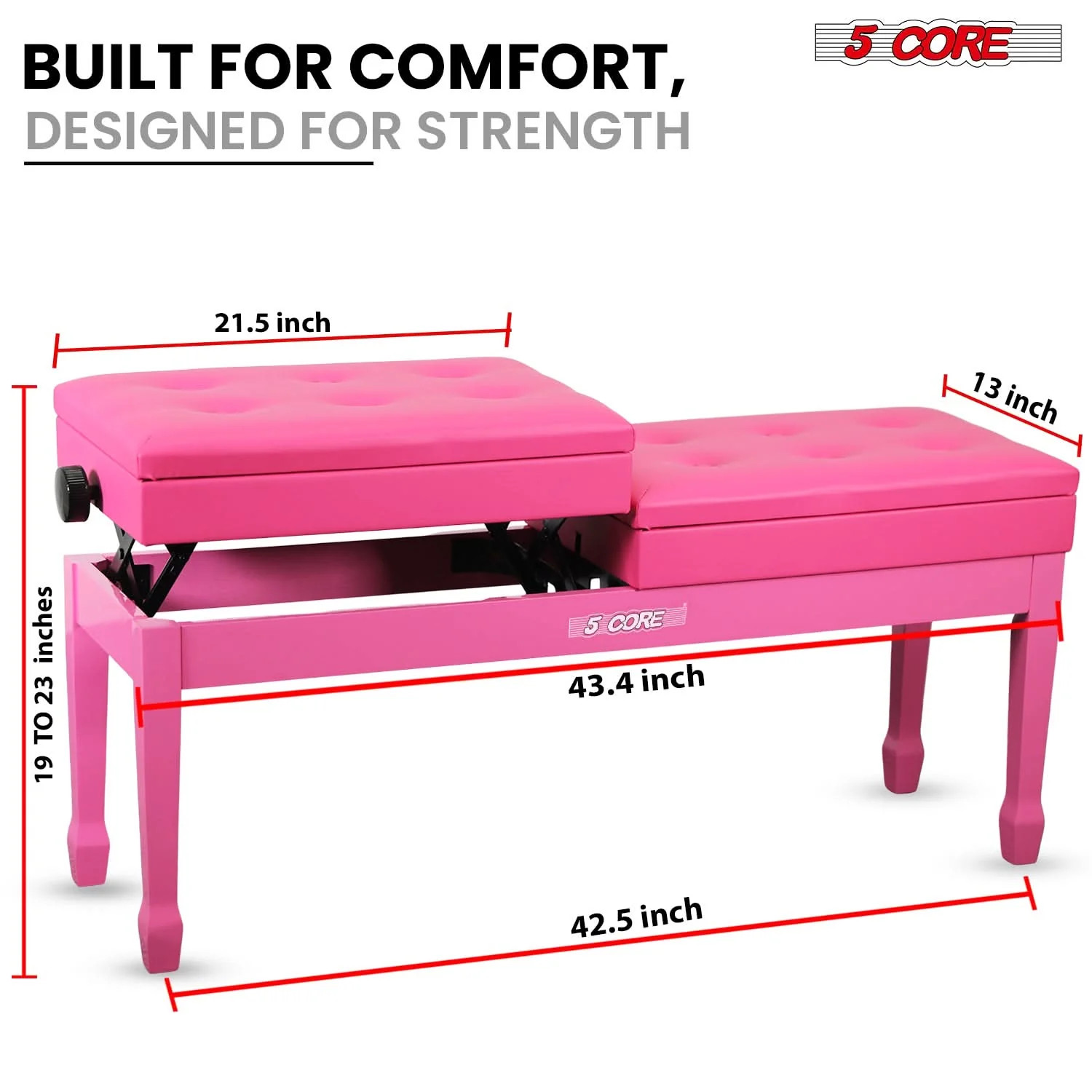 5 Core Duet Piano Bench 3.5 Inch Padded Cushioned Stool Wooden Musician Chair