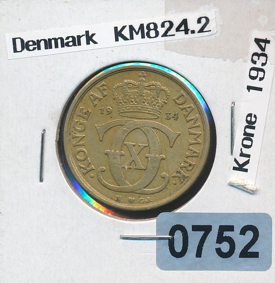 DENMARK -  1 KRONE 1934 - BRASS - #0752