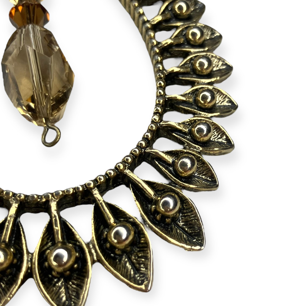 Boho Worn Gold Tone Large Open Teardrop Beaded Pendant Statement 18" Necklace