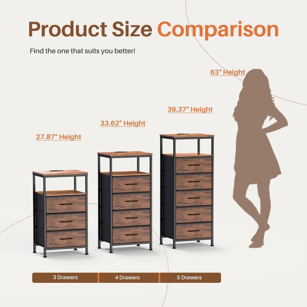 Nightstand with Charging Station Bedside End Table 4 Fabric Drawers & USB/Type-C