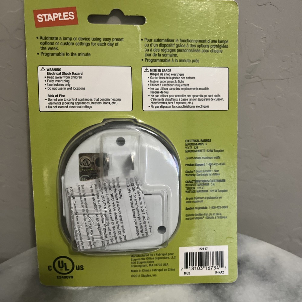 Staples 7 Day Programmable Digital Timer, Single Outlet, White, New!