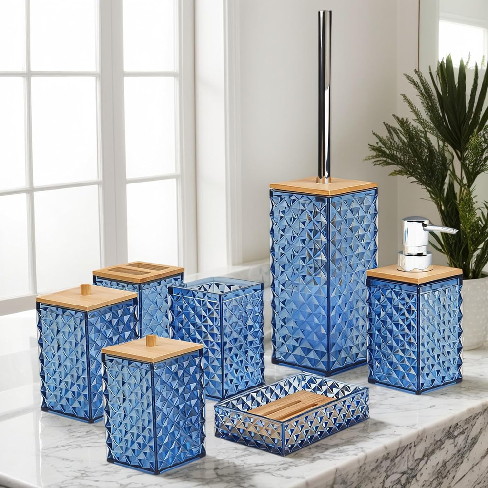 Bathroom Accessory Set,7 Pcs Blue Bathroom Set Include Soap Dispenser, Qtip Hold