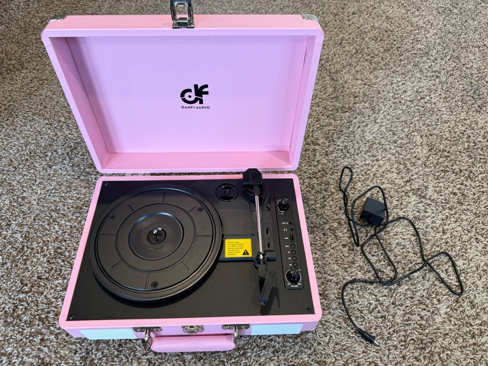 Vintage Pink Suitcase Record Player 3-Speed Turntable with Bluetooth USB MP3