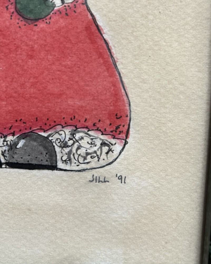 Santa Colored Drawing Holiday Signed Jill 91’ Framed