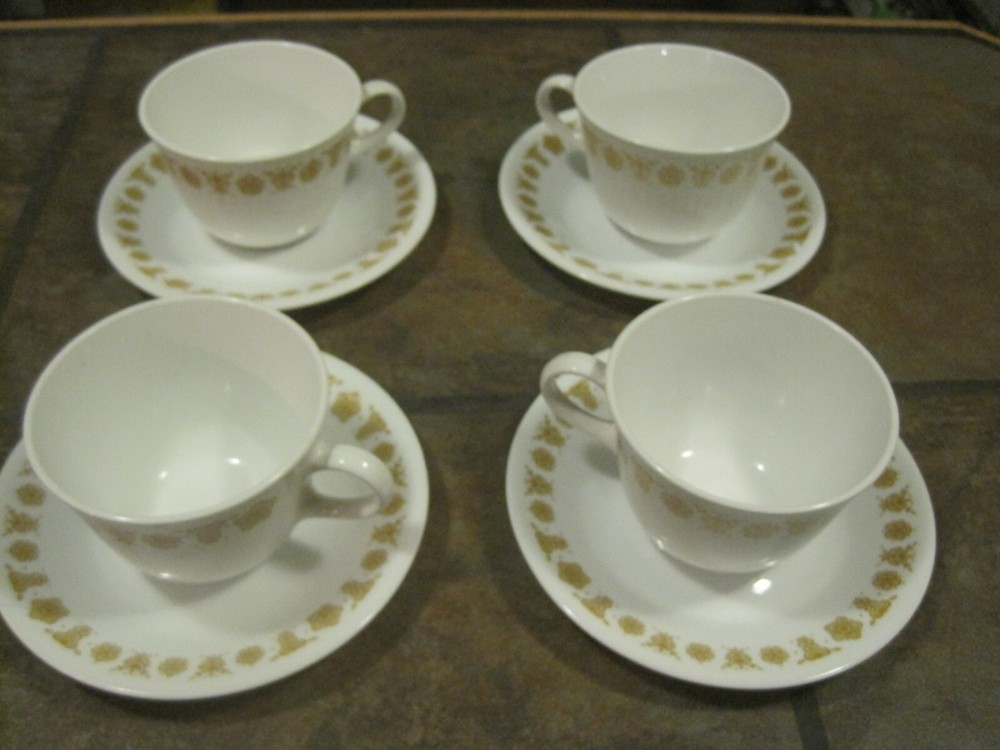CORELLE   'BUTTERFLY GOLD'  (4) FLAT CUP & SAUCER SETS,   EUC