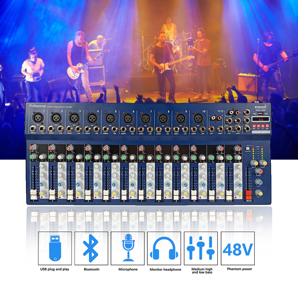 14-Channel Audio USB Mixer Bluetooth DJ Bar Live Mixing Console Studio Recording