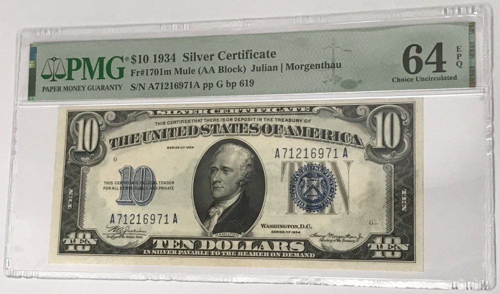 1934 $10 Silver Certificate PMG 64 CU Uncirculated EPQ Fr#1701m AA Block Mule