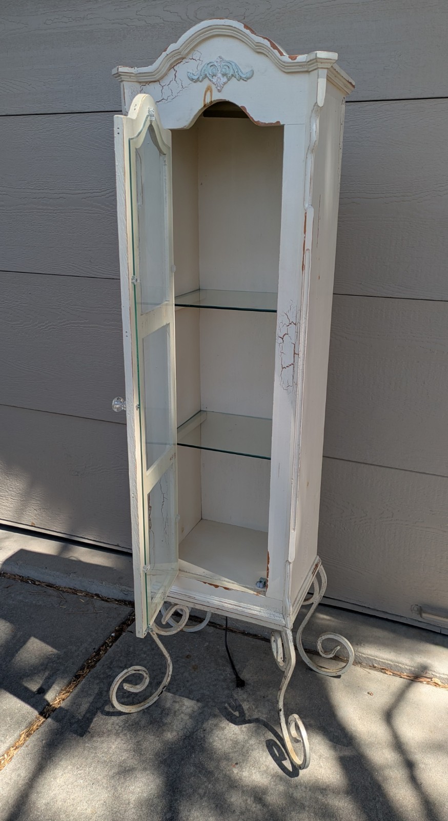 Vintage Shabby Chic French Country Cottage White Curio Display Cabinet Iron Legs