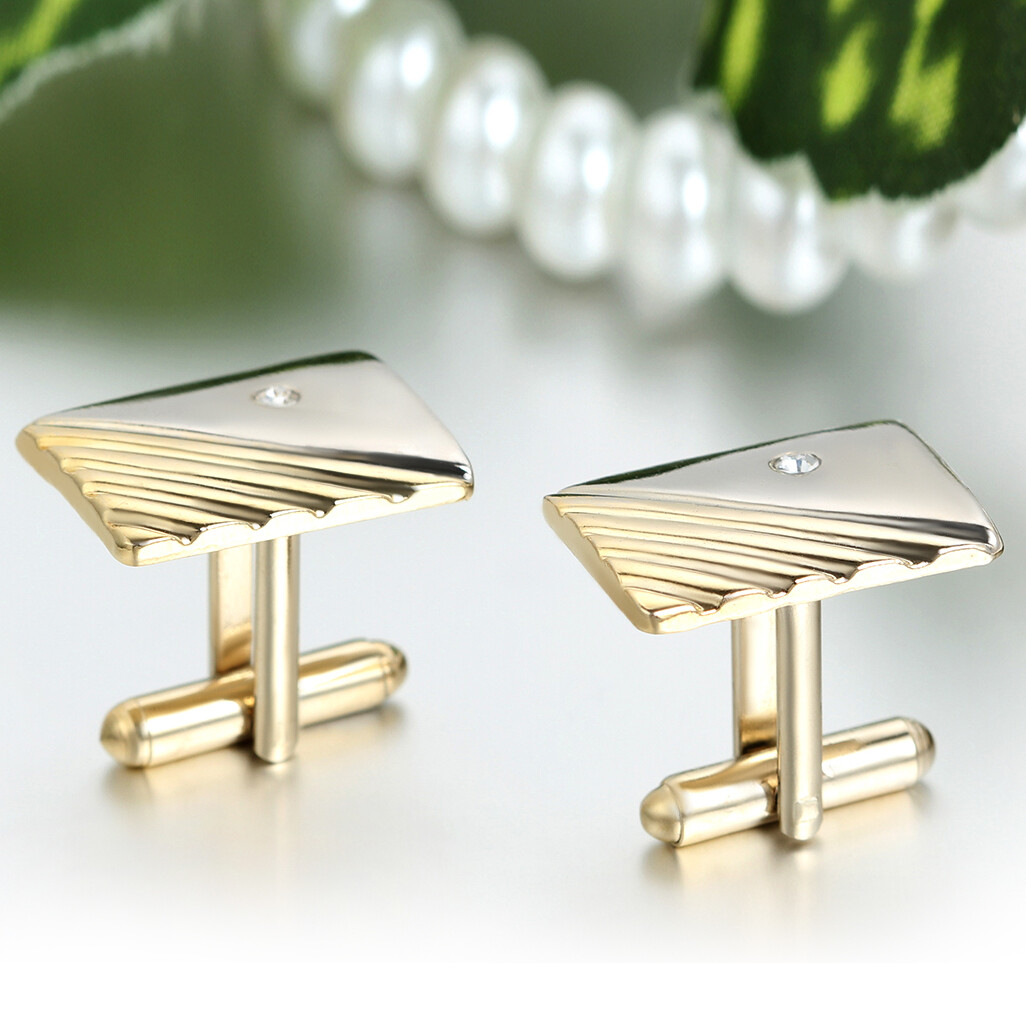 Polished Gold Tone Metal CZ Cufflinks Tie Bar Clasp Clip Set Men's Modish Gift