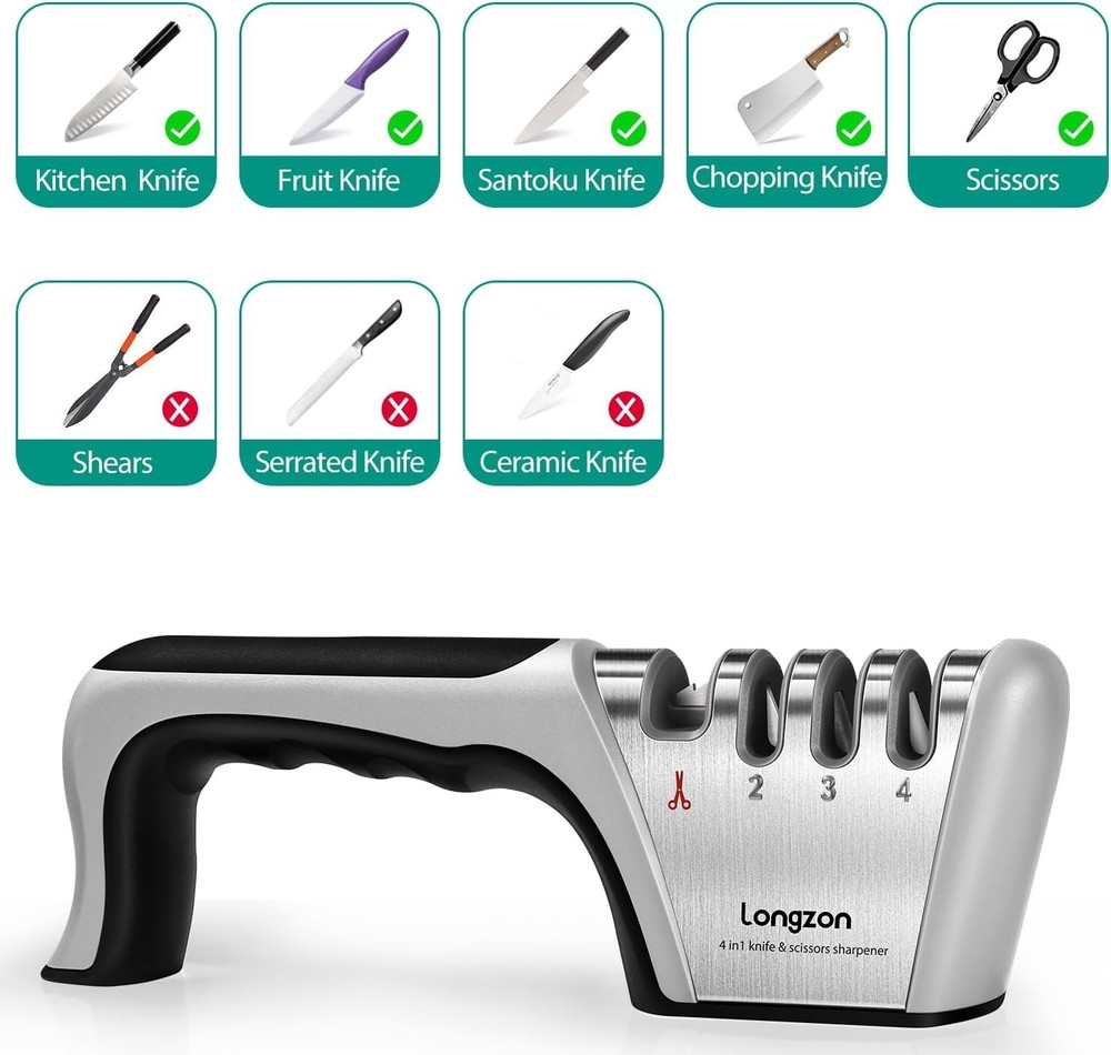 Versatile 4-Stage Knife Sharpener Set with Cut-Resistant Glove for All Blades
