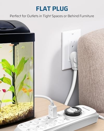 Mechanical Timer Power Strip with 8 Outlets, Flat Plug, 6ft Long Cord, White
