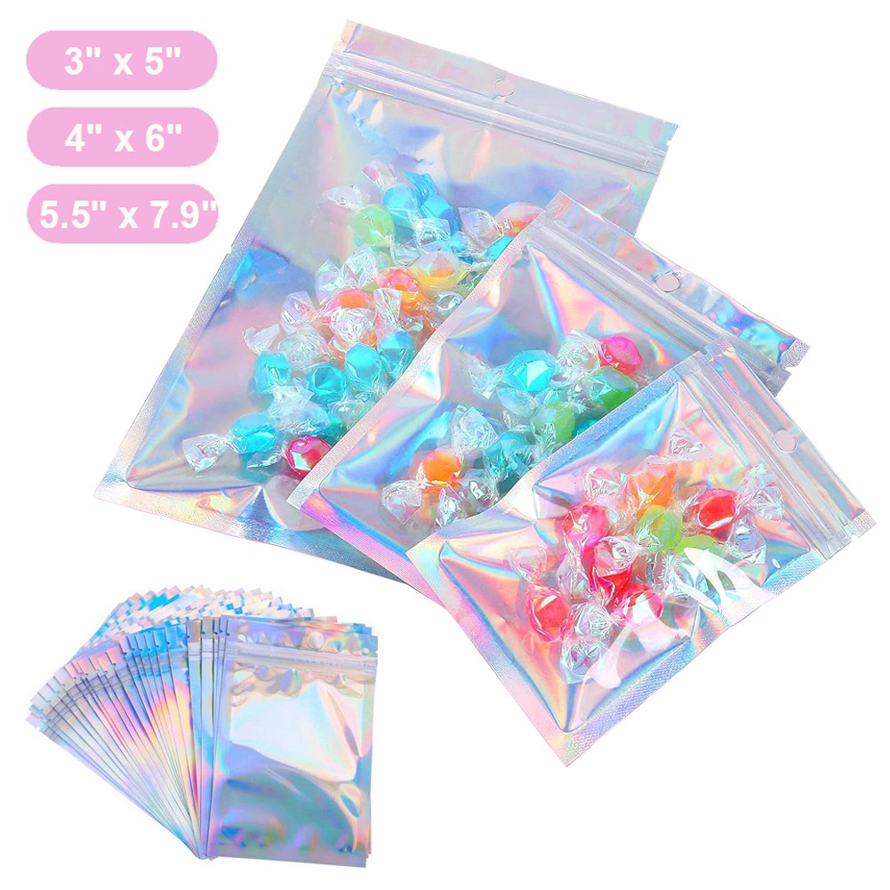 100-1000PCS Holographic Mylar Foil Bags Smell Proof Resealable Zip Seal Pouches