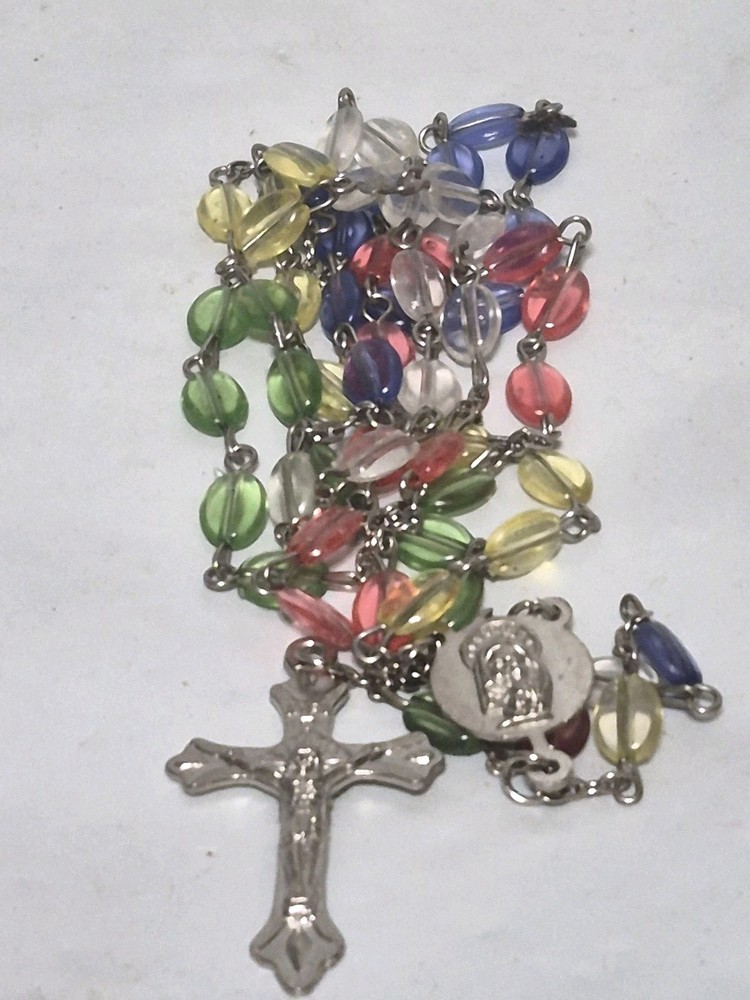 Vintage Multi Color Catholic Rosary - Clear Acrylic Beads
