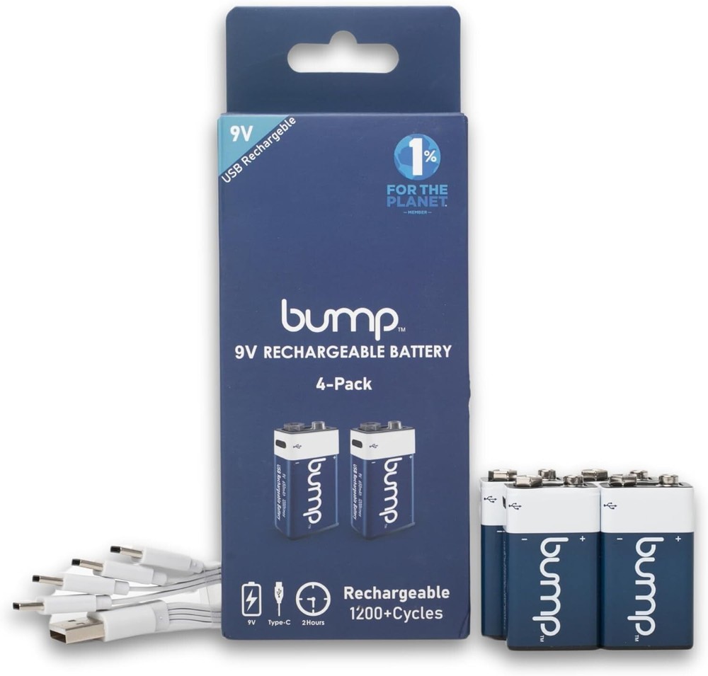 4 Pack 9 Volt Lithium Ion Rechargeable Batteries 650mAh USB-C Type Cable Bump