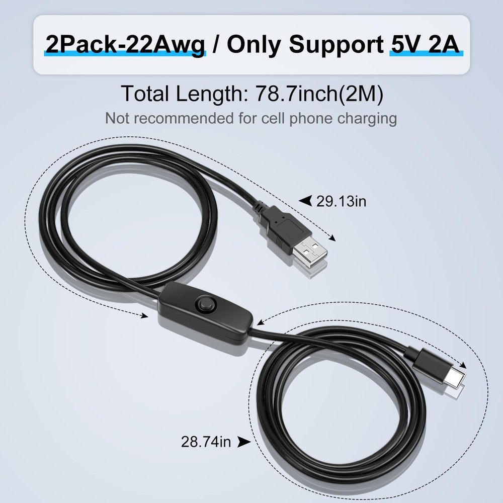 RGBZONE 2Pcs 6.6FT 5V USB Type C Switch Extension Cable, USB-Type C Black
