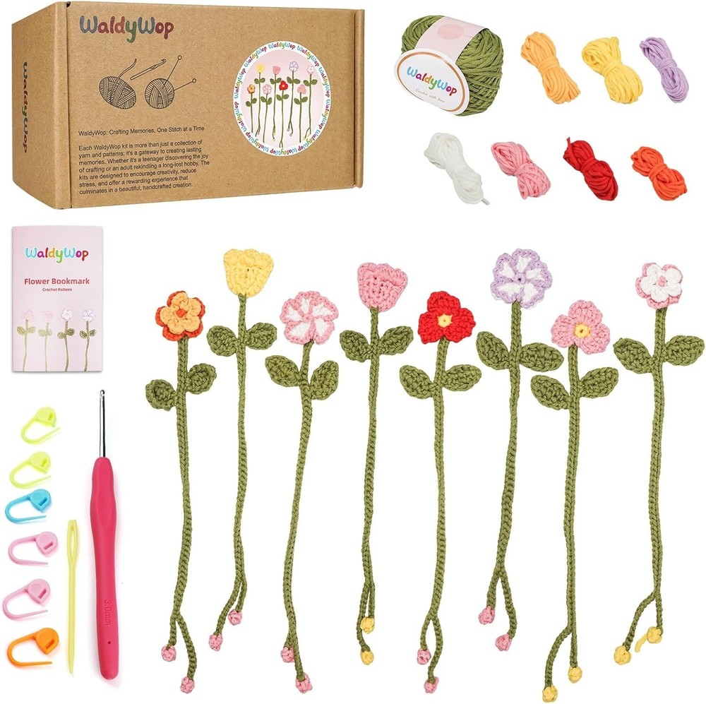 Beginner Crochet Kit: 8 Colorful Flower Bookmarks with Easy Video Tutorials