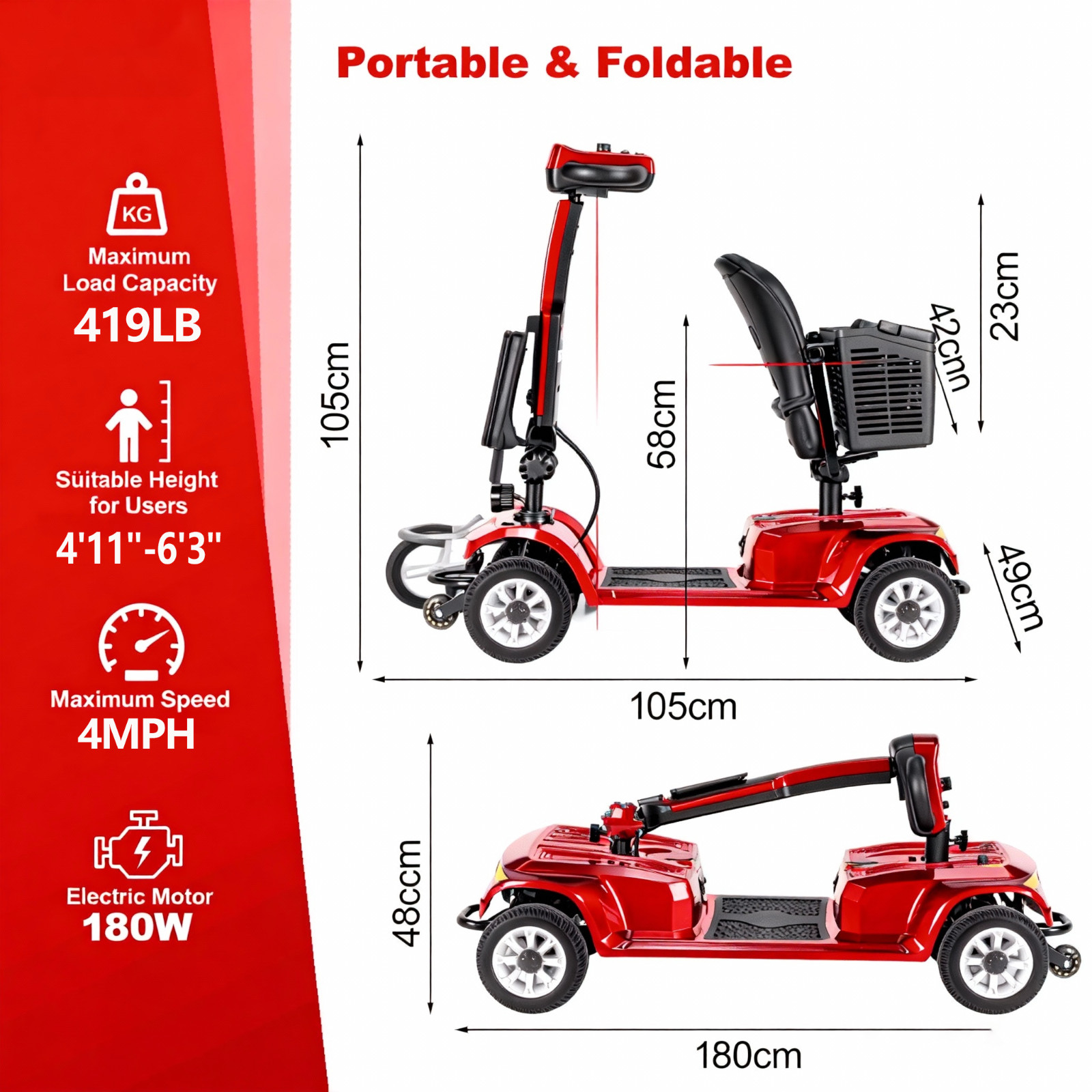 EOEOTWO Folding 4 Wheel Mobility Scooters for Senior Adult Max Load 419lbs