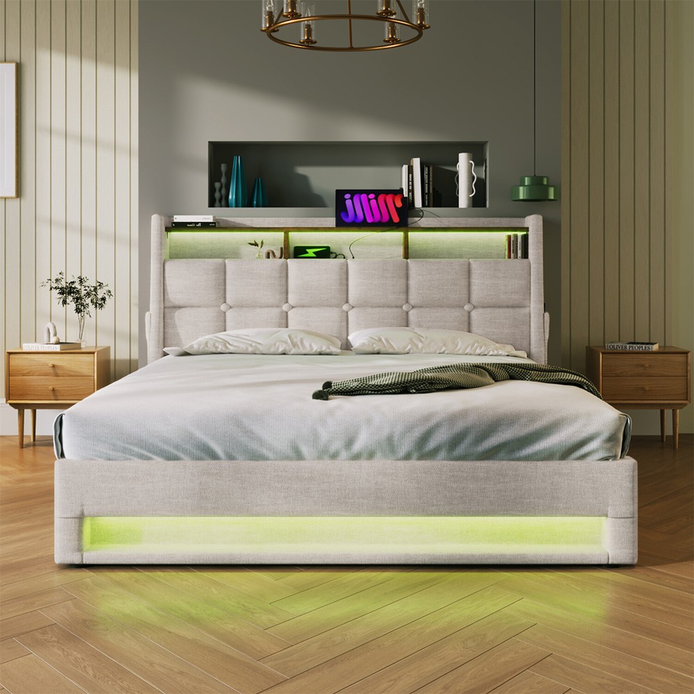 Queen Size LED Bed Frame Upholstered Platform Bed w/ Hydraulic Storage System