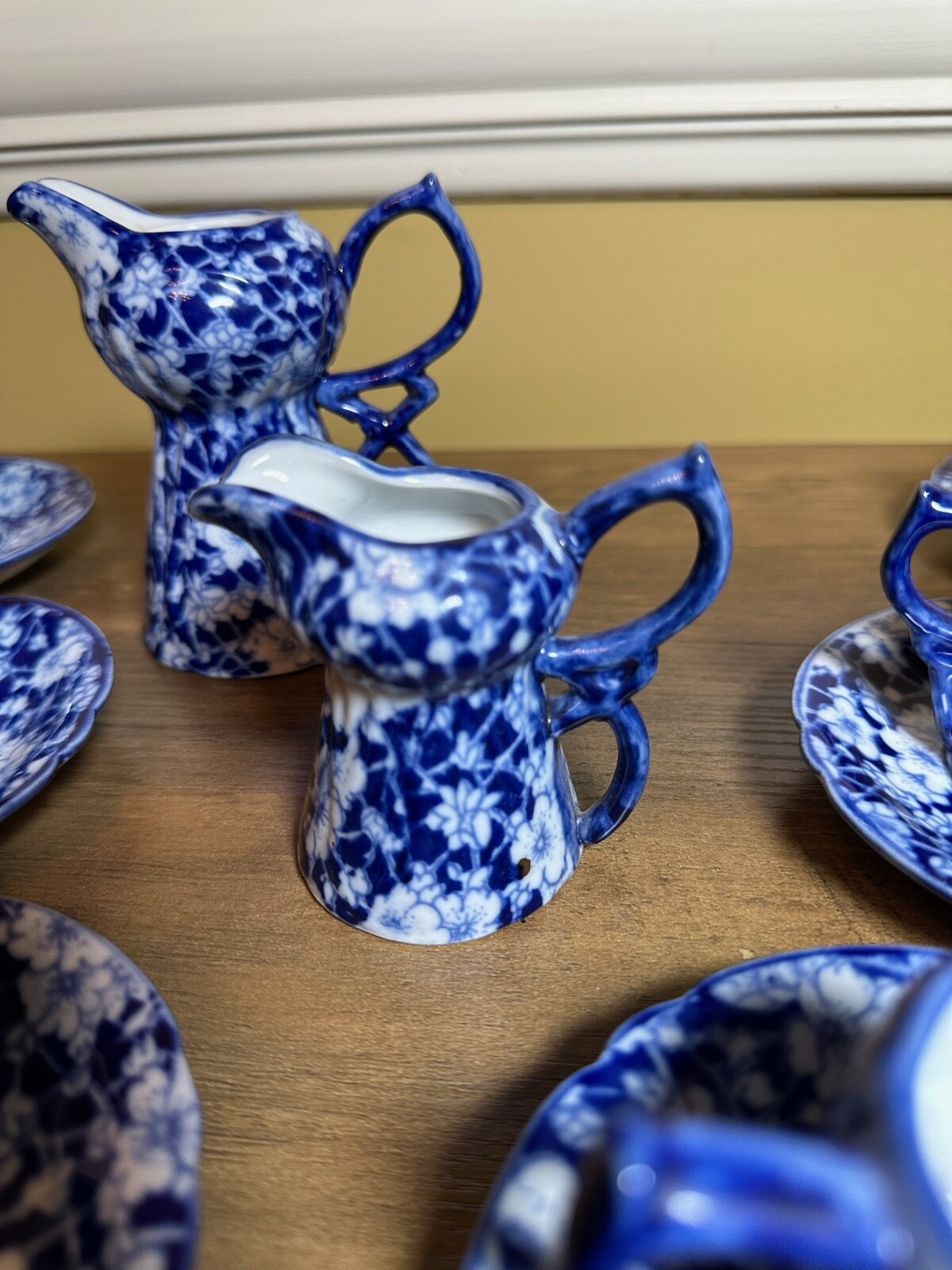 Victoria Ware Stoneware Small Tea Cups Saucers Sugar Creamer Cobalt Flue Floral