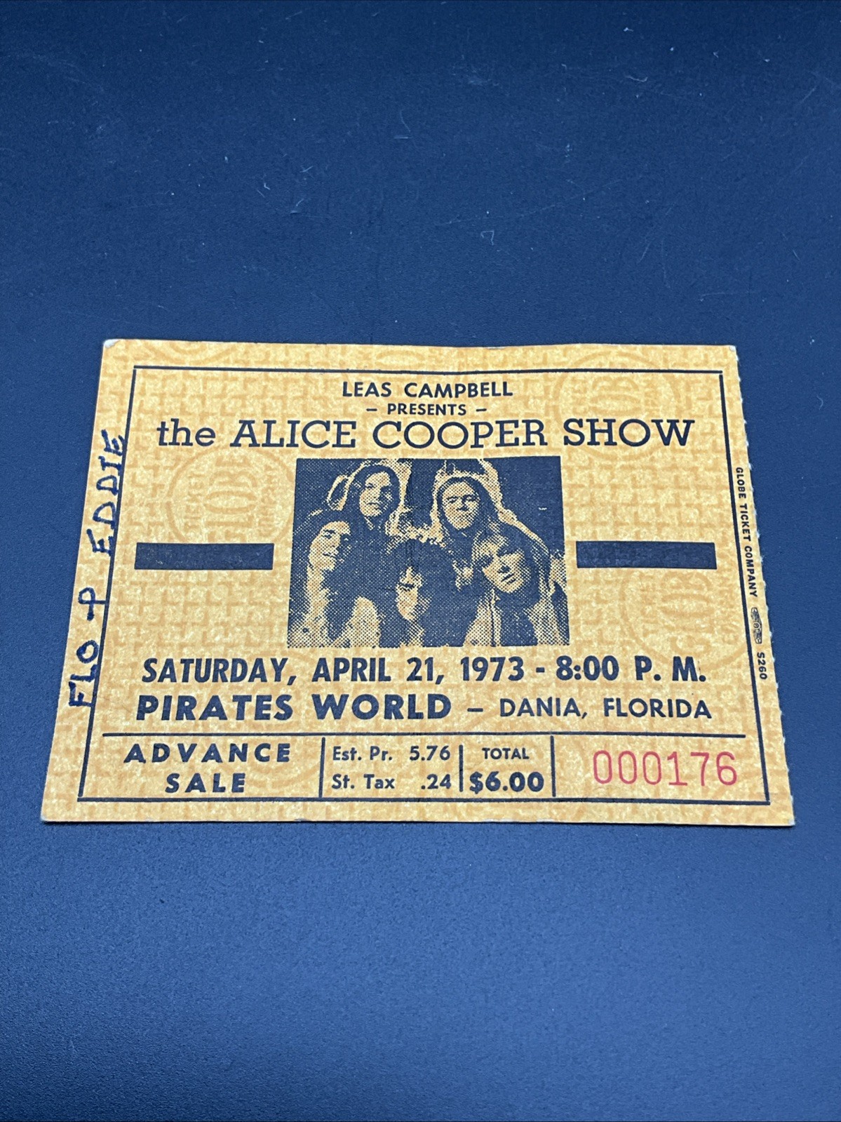 Alice Cooper 1973 Dania FL Pirates World 4/21/73 Original Concert Ticket Stub