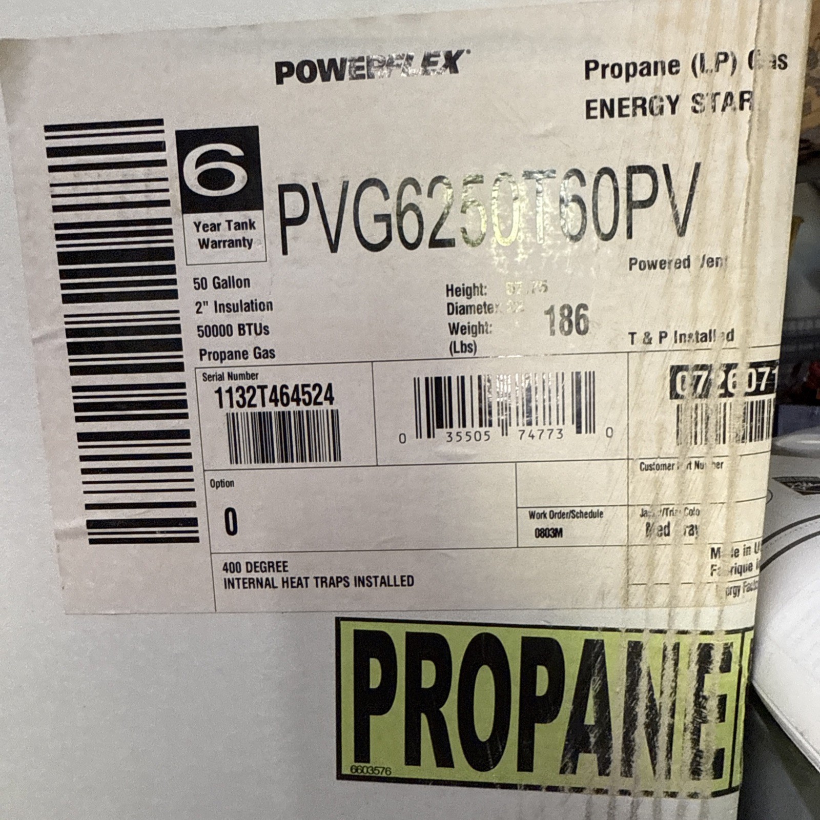 Powerflex power vent Water heater propane 50 gallon (#PVG62)