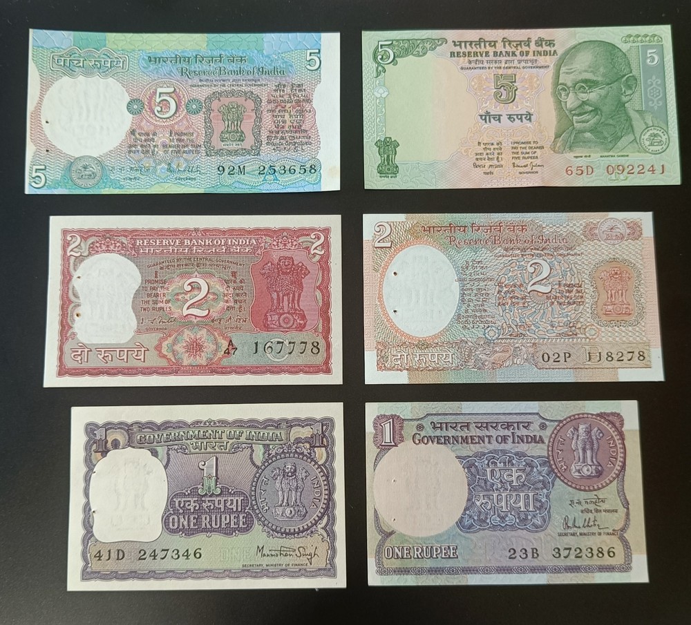 OLD Indian 5-2-1- Rupees 6 Different notes  Un Circulated CRIPSY condition.