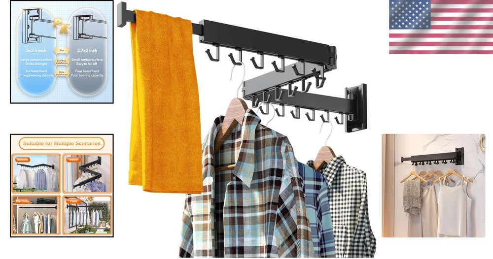 Clothes Drying Rack Wall Mount Folding Retractable Space Saving Black J Hooks