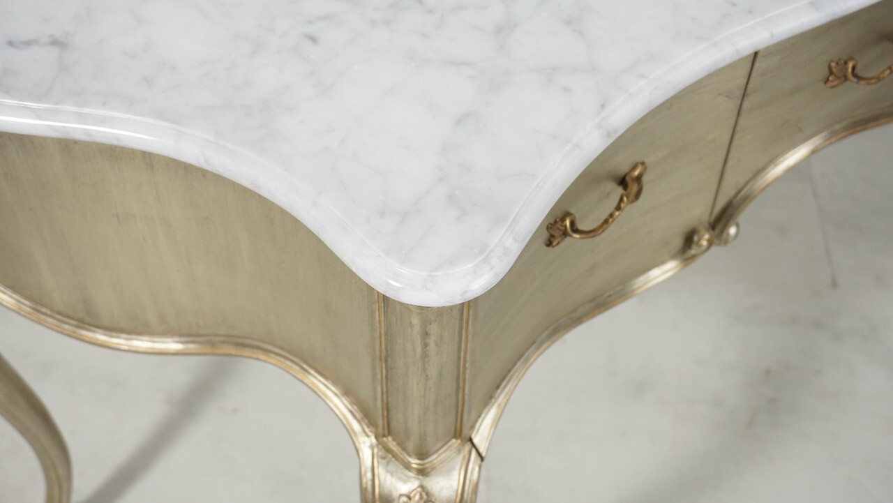 French Louis Vanity Make up Console Mahogany Silver Leaf White Marble