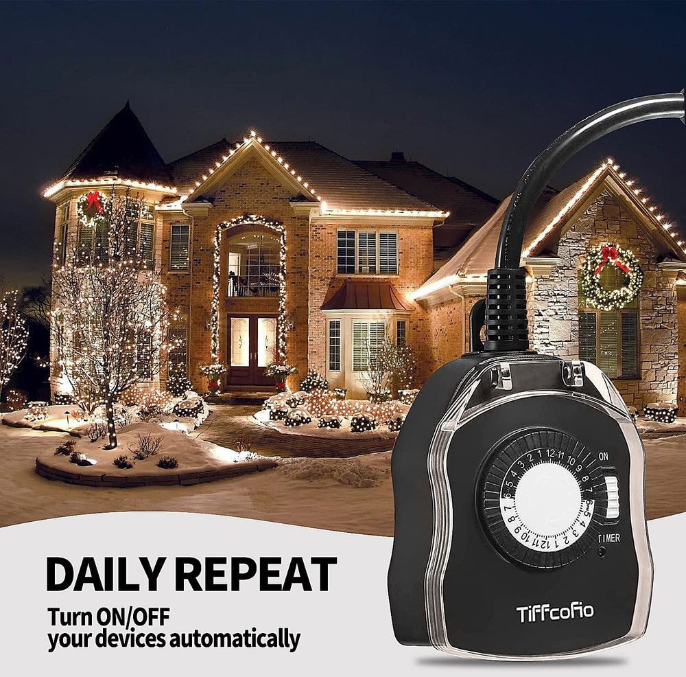 1 Pack Outdoor Timer Outlet, 24 Hour Mechanical Timer for Pool Pump, 15A