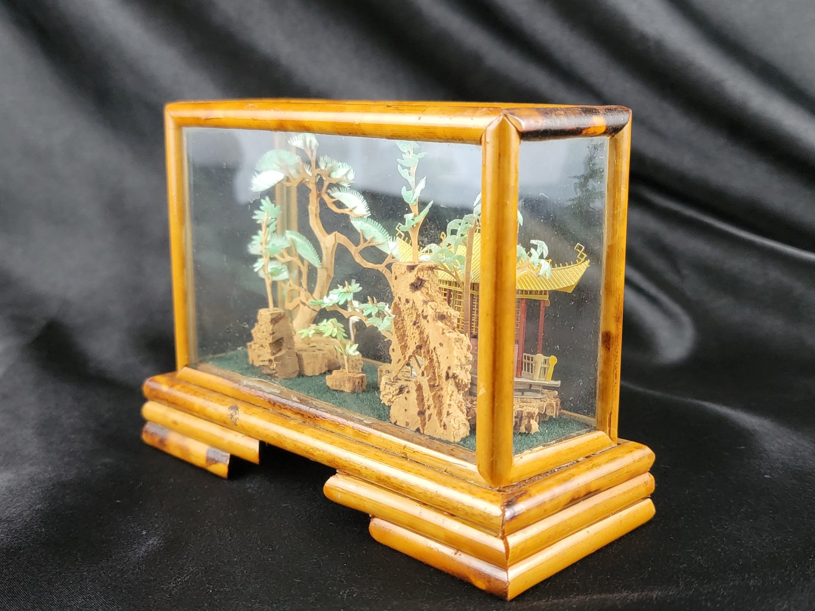 3D Carved Sculpture China Japan Pagoda Bonsai Tree Storks Cranes Vintage